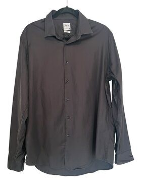 Zara Men’s 100% Cotton Classic Black Slim Fit Dress Casual Button-Up Shirt-XL